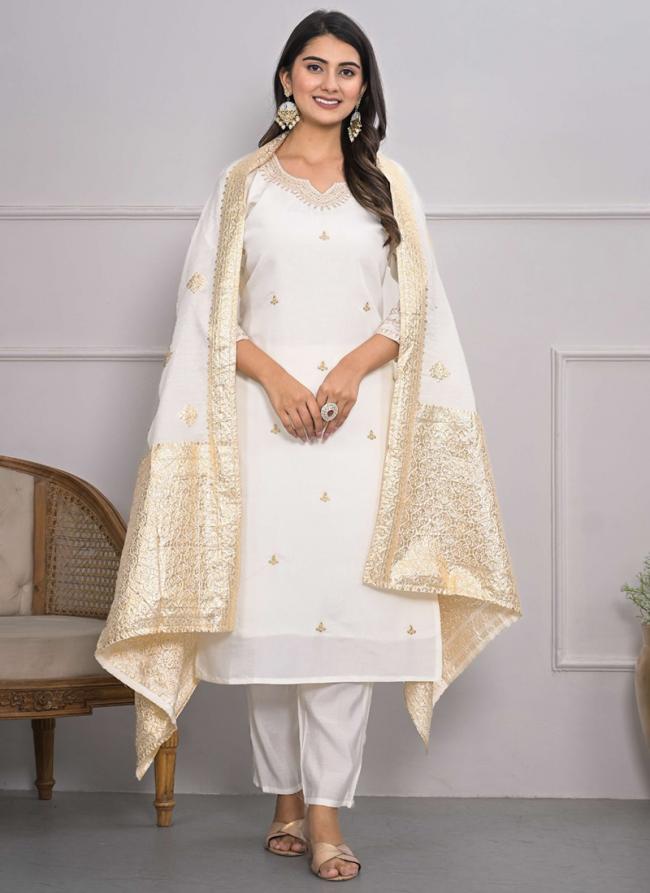 Viscose Silk White Festival Wear Embroidery Work Readymade Kurti Set